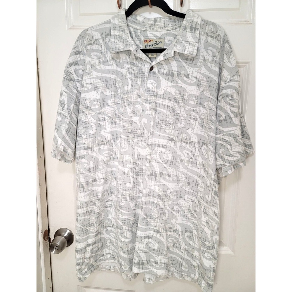 Crazy Shirts Men's Hawaiian Polo Tribal Wave Shirt Size XL Gray & White Abstract - Picture 1 of 9